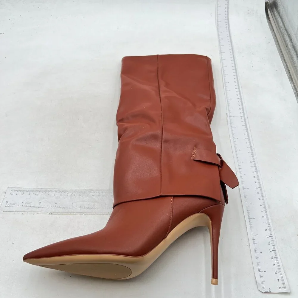 Pazzion Brown Retro Pointy Toe High Heel Partial Zipper Fold Over Knee High Boot